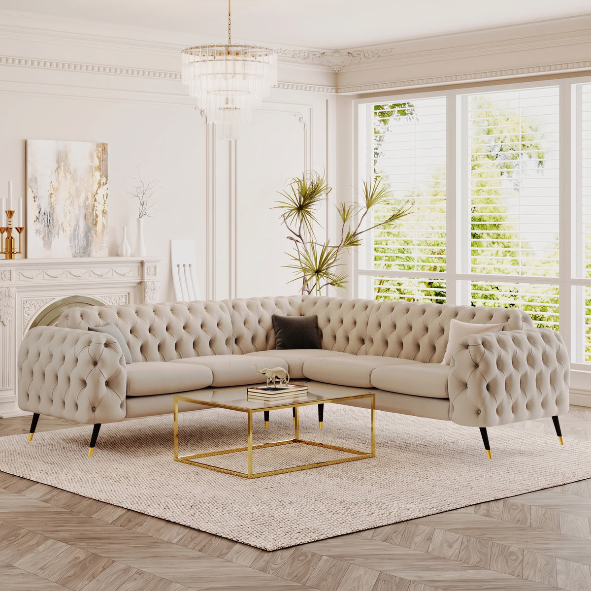 Oakley Corner Sofa shown in cream, angled view in a living room