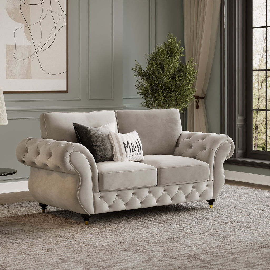 Rio 2 Seater Sofa shown in plush velvet, angled view in a living room