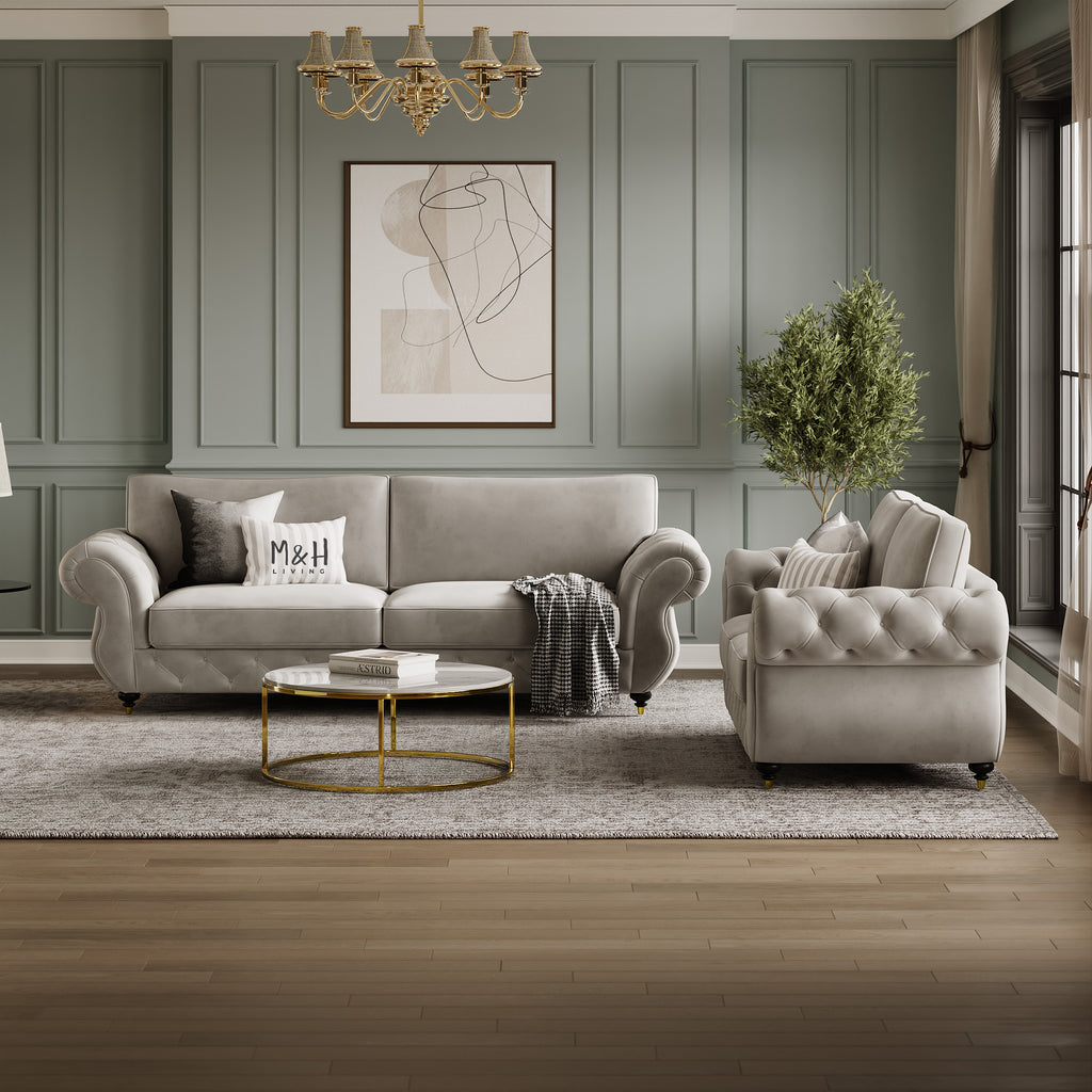 Rio 3 + 2 Seater Sofa Set shown in plush velvet, front view in a living room