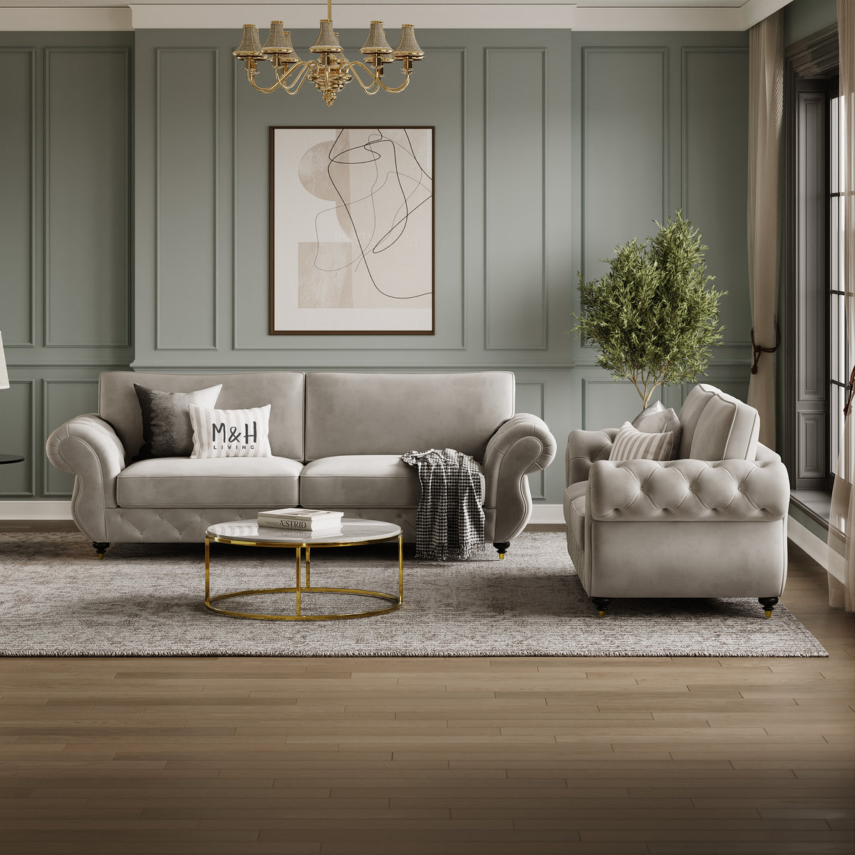 Rio 3 + 2 Seater Sofa Set shown in plush velvet, front view in a living room