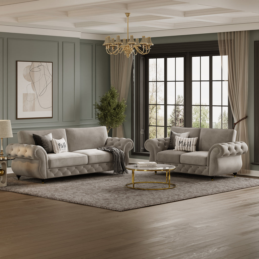 Rio 3 + 2 Seater Sofa Set shown in plush velvet, angled view in a living room