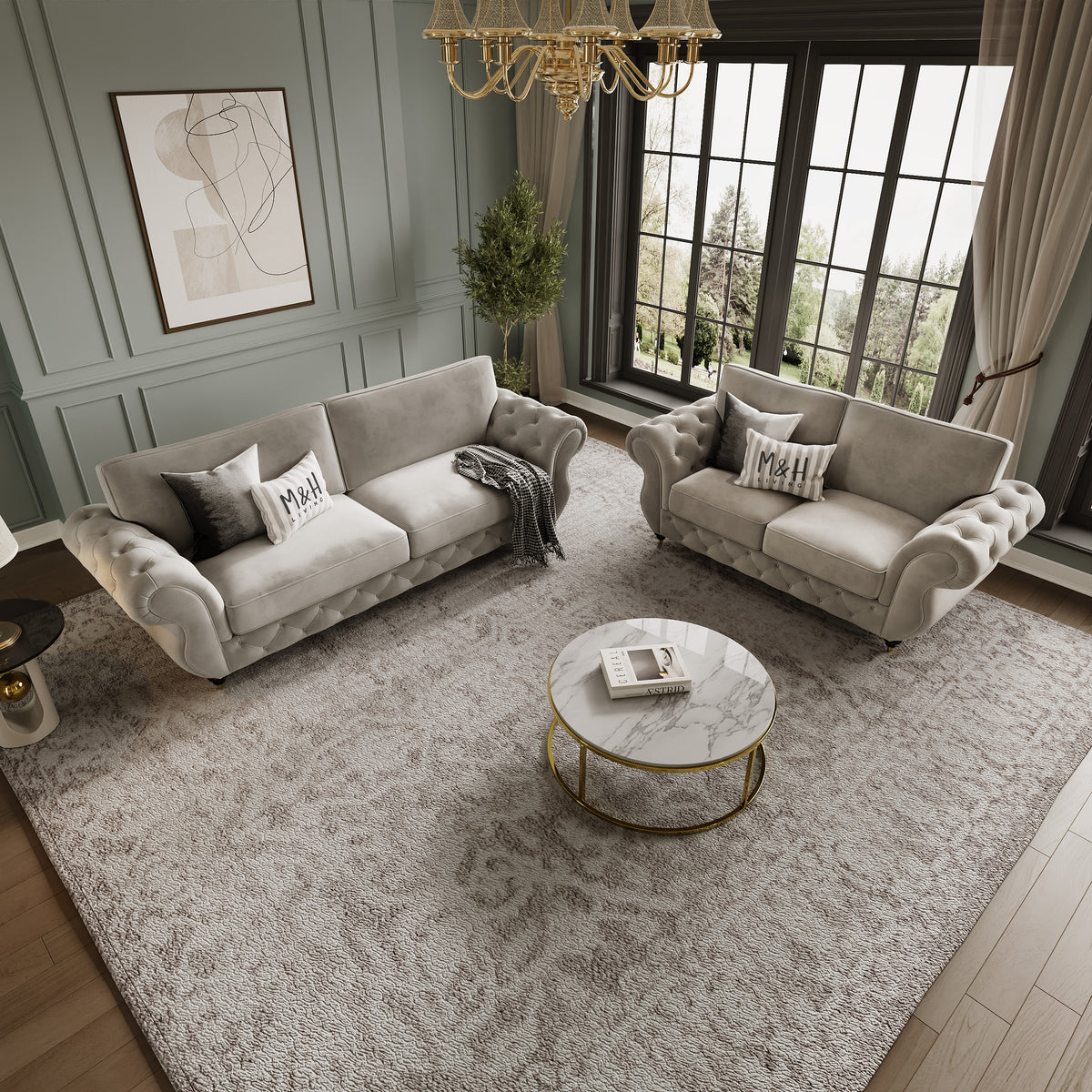 Rio 3 + 2 Seater Sofa Set shown in plush velvet, overhead view in a living room