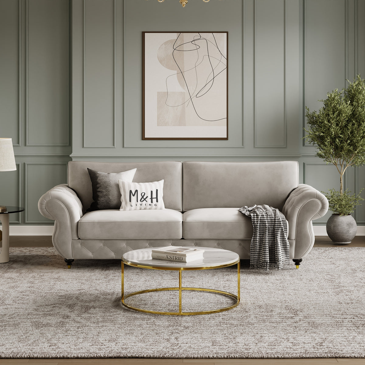 Rio 3 Seater Sofa shown in plush velvet, front view in a living room