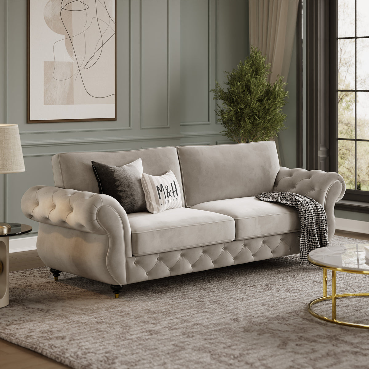 Rio 3 Seater Sofa shown in plush velvet, angled view in a living room