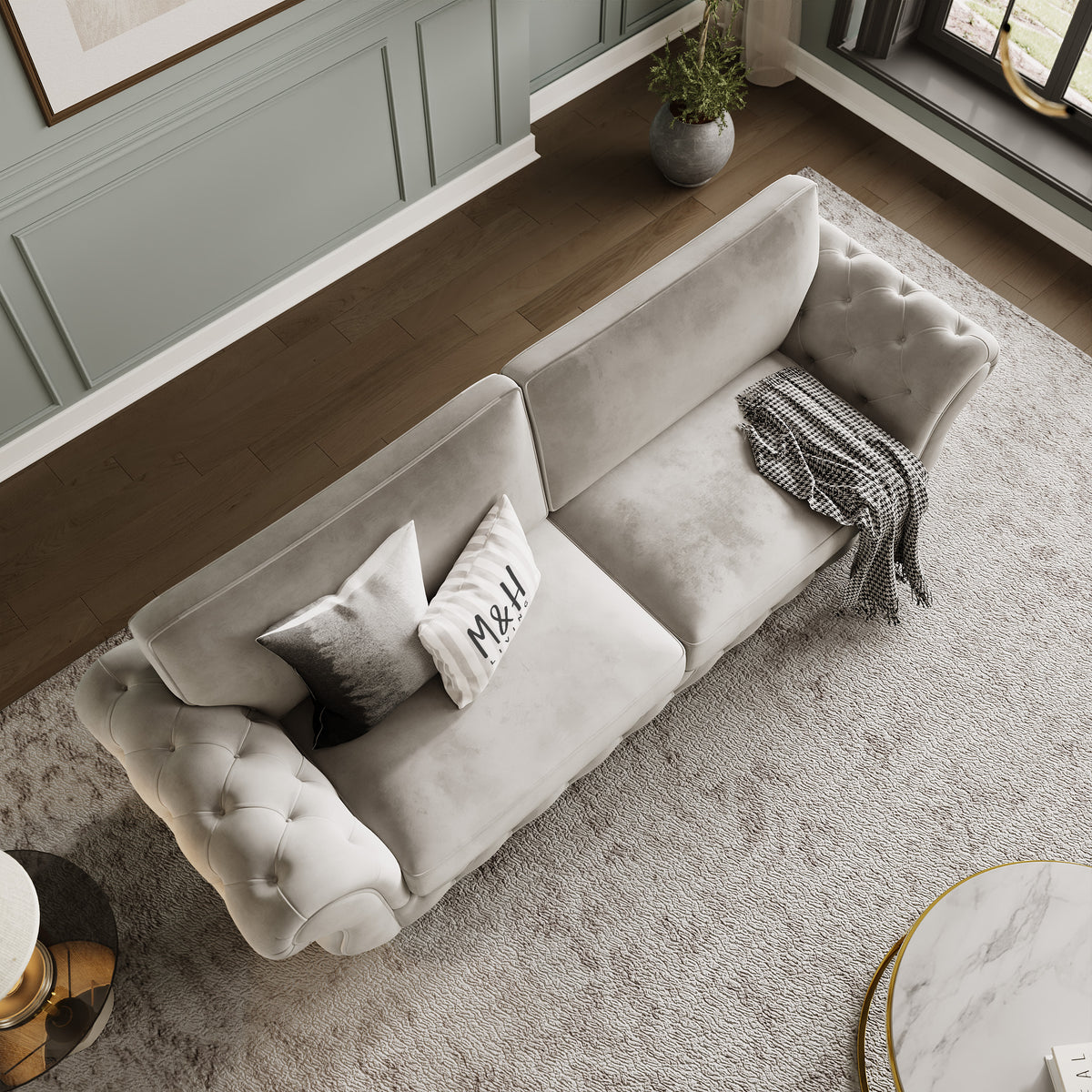 Rio 4 Seater Sofa shown in plush velvet, overhead view in a living room