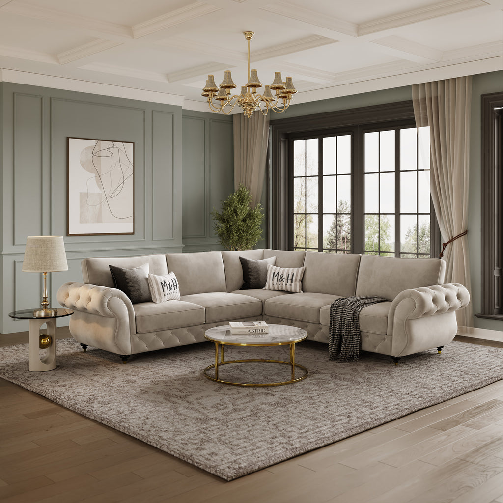 Rio Corner Sofa shown in plush velvet, angled view in a living room