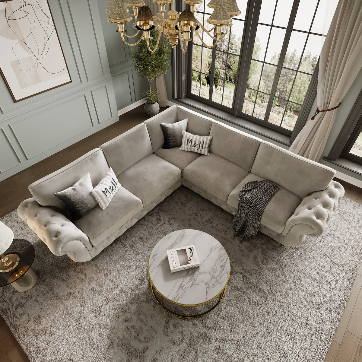 Rio Corner Sofa shown in plush velvet, overhead view in a living room
