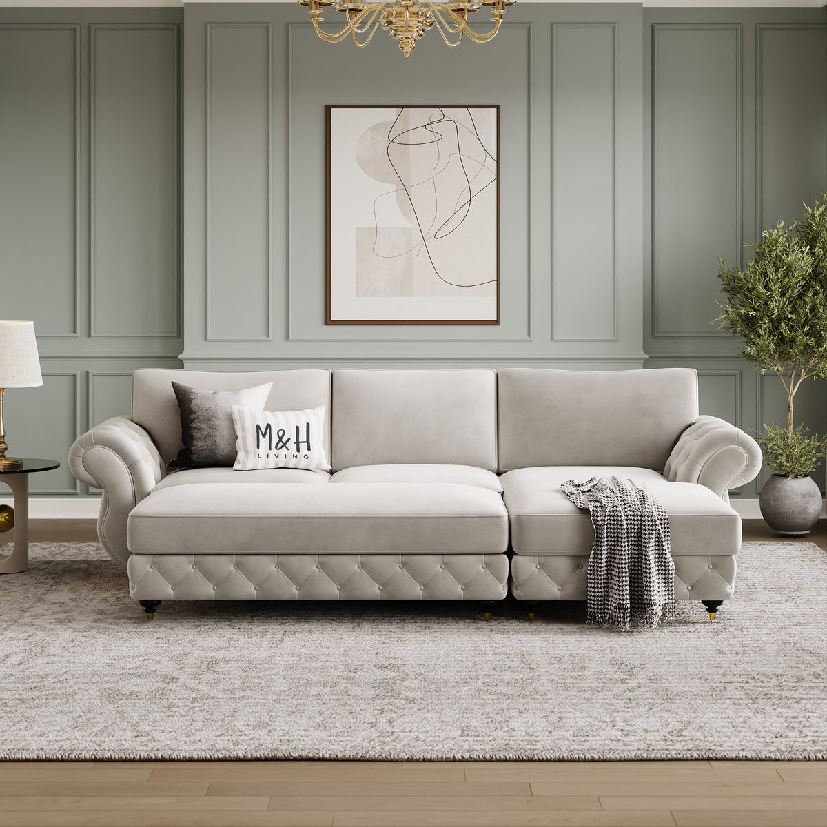 Rio Convertible L Shape Sofa shown in plush velvet, front view in a living room