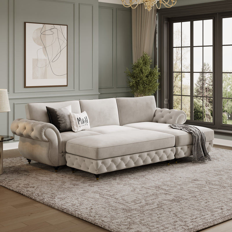 Rio Convertible L Shape Sofa shown in plush velvet, angled view in a living room