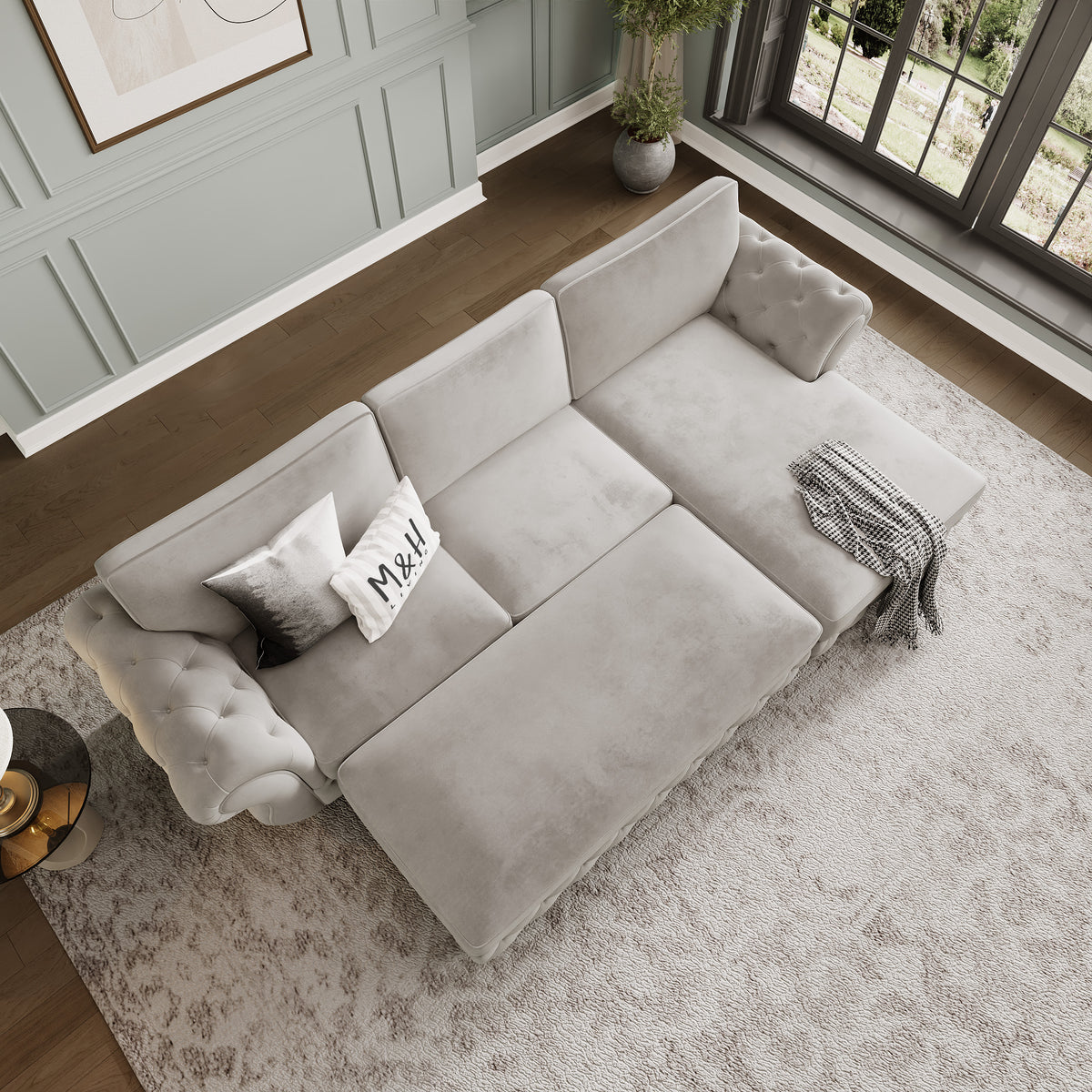 Rio Convertible L Shape Sofa shown in plush velvet, overhead view in a living room