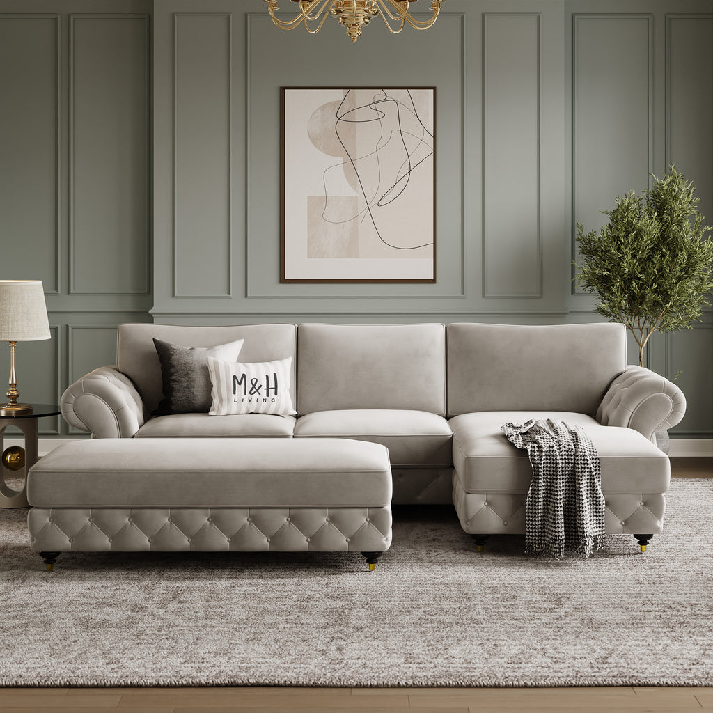 Rio Convertible L Shape Sofa shown in plush velvet, front view in a living room