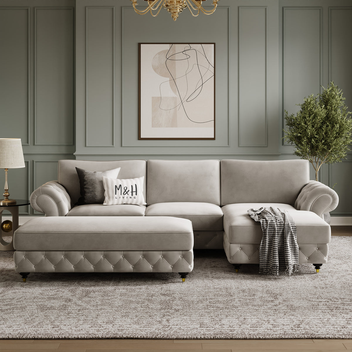 Rio Convertible L Shape Sofa shown in plush velvet, front view in a living room
