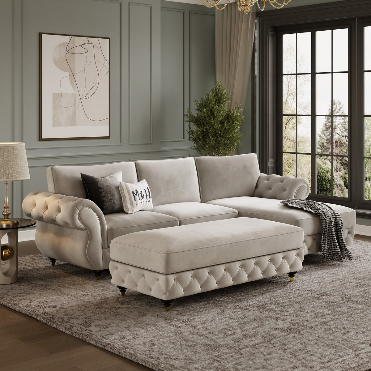 Rio Convertible L Shape Sofa shown in plush velvet, angled view in a living room