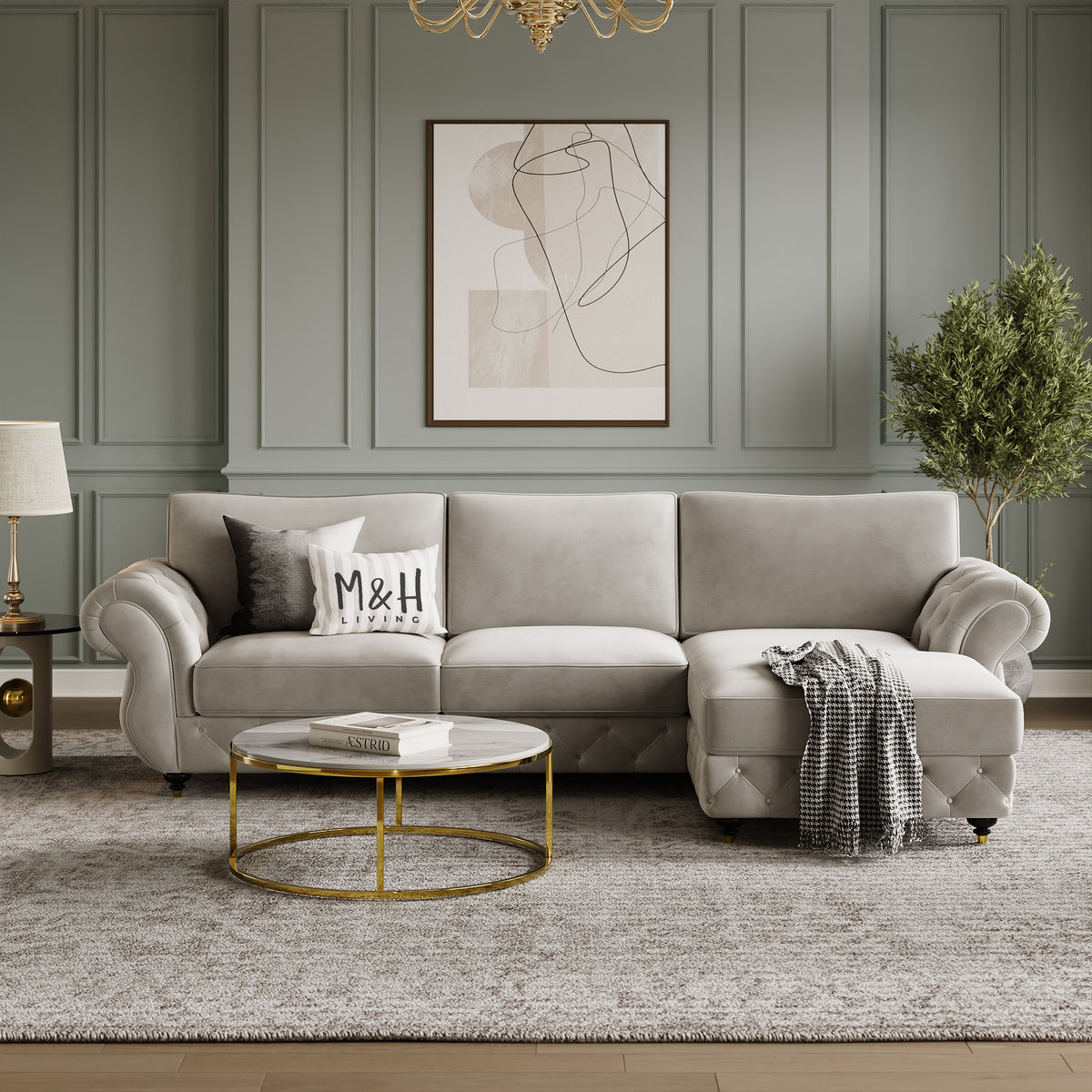Rio L Shape Sofa shown in plush velvet, front view in a living room