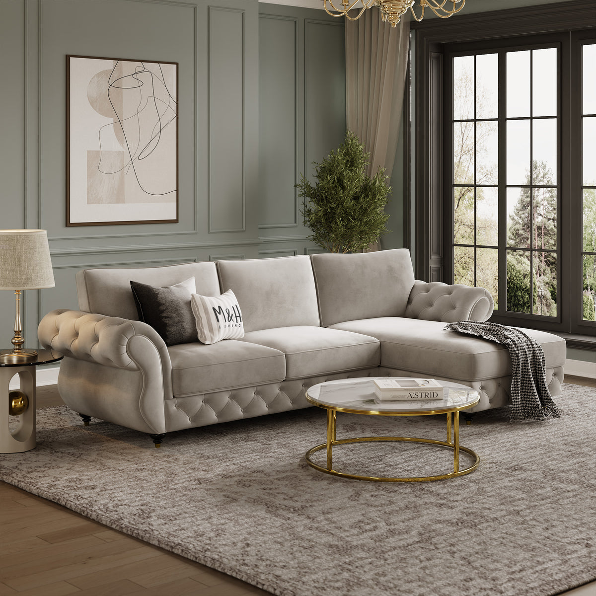 Rio L Shape Sofa shown in plush velvet, angled view in a living room