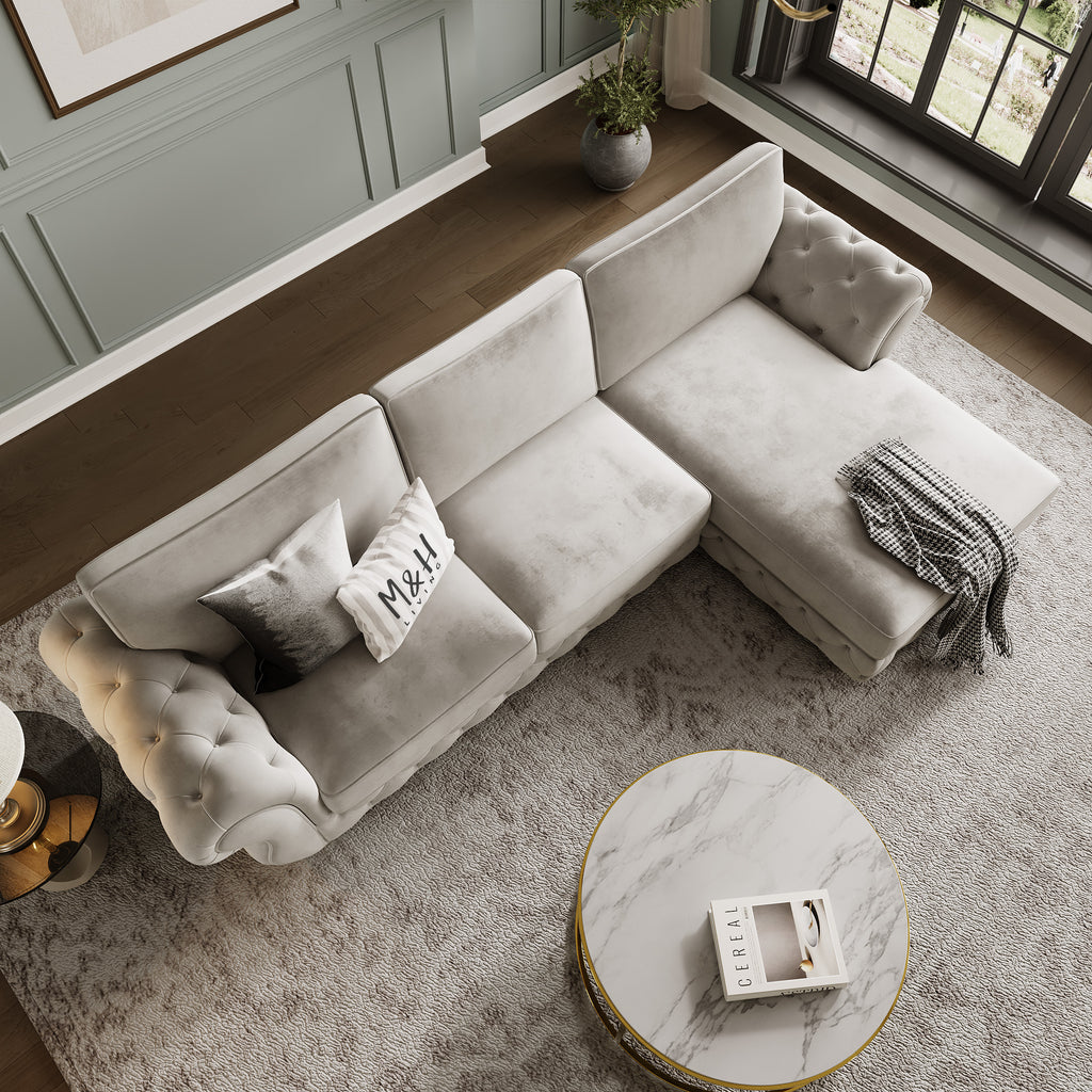 Rio L Shape Sofa shown in plush velvet, overhead view in a living room