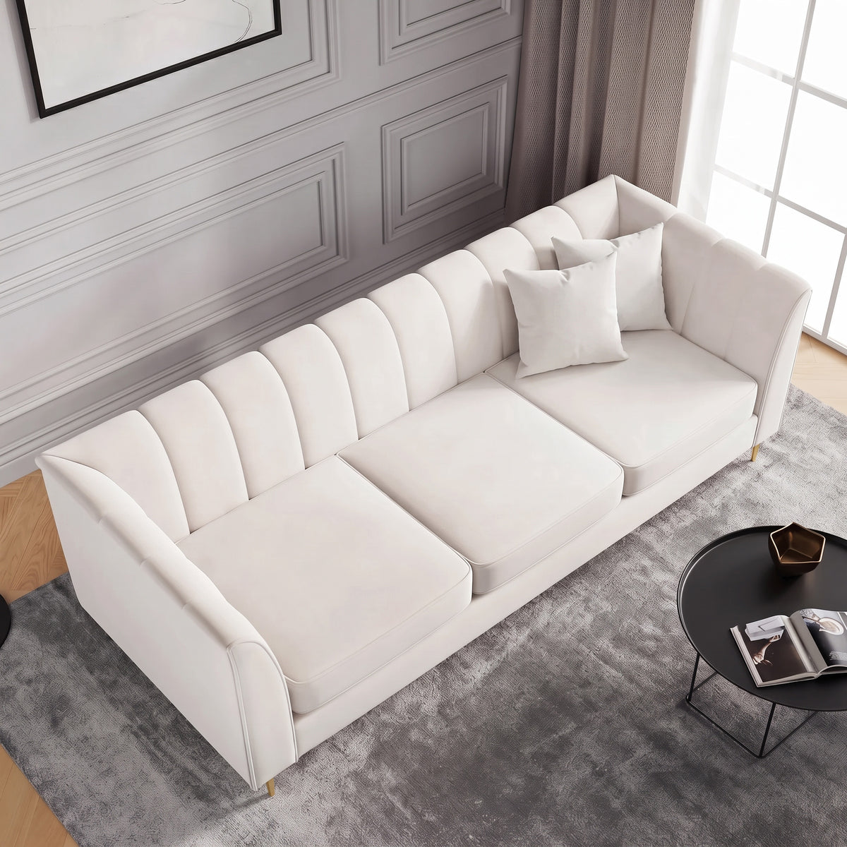 Romeo 3 Seater Sofa shown in cream, overhead view in a living room