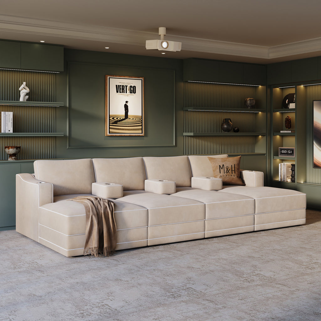 Savoy Home Cinema Sofa shown in plush velvet, angled view in a living room