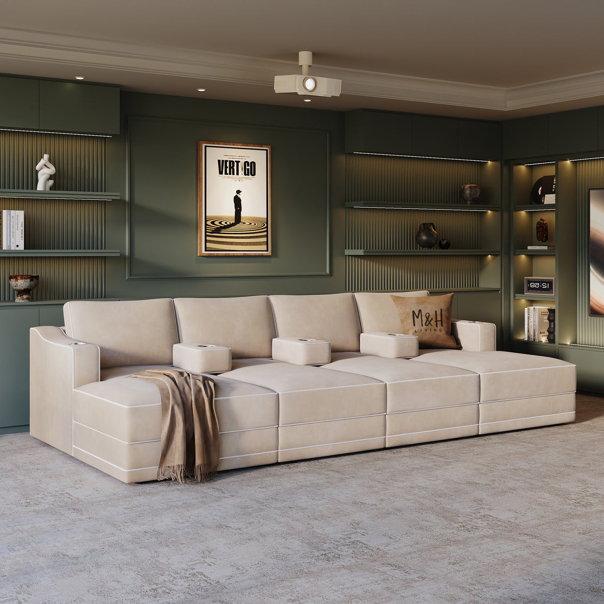 Savoy Home Cinema Sofa shown in plush velvet, angled view in a living room